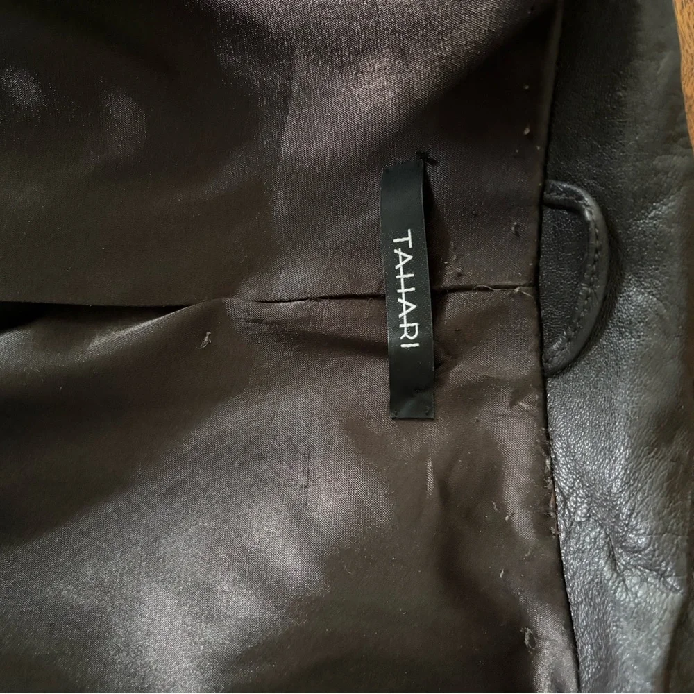 Tahari Dark Brown Collarless Leather Jacket - Picture 6 of 11